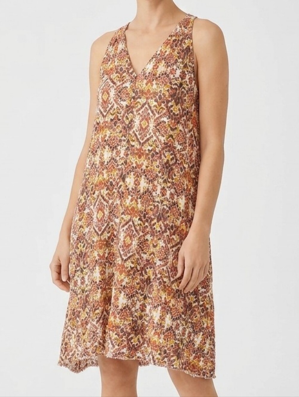 Garnet Hill Boho Crinkle Cotton Dress Size S Rust Orange Ikat Print